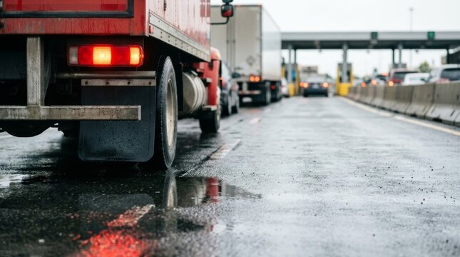 Wet asphalt reflection of red truck tail light in border crossing traffic queue