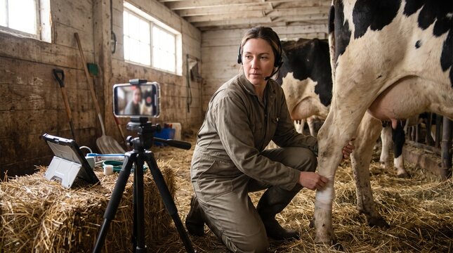Veterinarian bandages cow leg while live streaming from barn