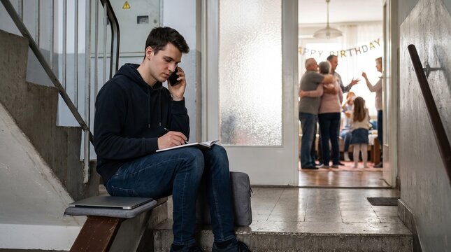 Young man on stairs talking on phone and writing while family celebrates birthday inside