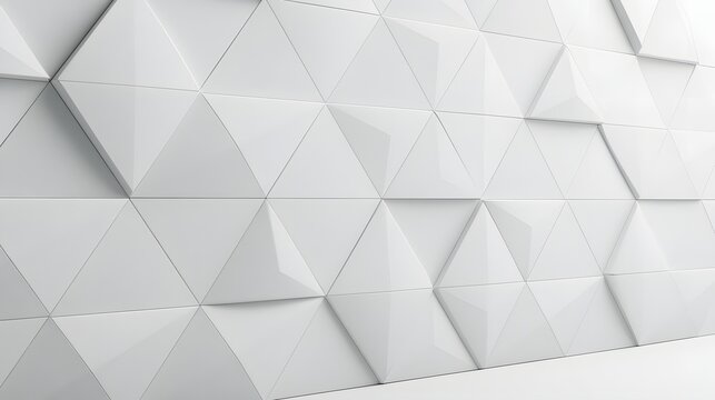Modern white geometric wall with triangular and pyramidal tiles under bright studio lighting. Abstract architectural background for interior design concepts.