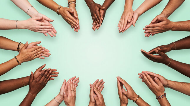 Diverse hands clapping in unity and celebration on a light background
