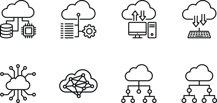 Collection of cloud computing and network connection line icons in a minimalist style
