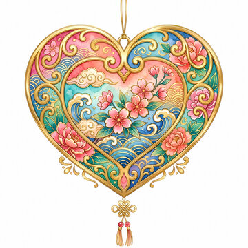 Ornate heart-shaped pendant with floral and scrollwork design