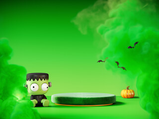 Fototapeta premium Halloween greeting card design with empty podium for product presentation. 3D Rendering, 3D Illustration