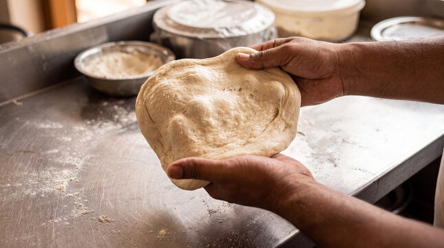 Traditional South Indian Parotta Dough Being Hand Stretched and Flattened, Fresh Wheat Dough Preparation in a Commercial Kitchen