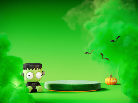 Halloween greeting card design with empty podium for product presentation. 3D Rendering, 3D Illustration