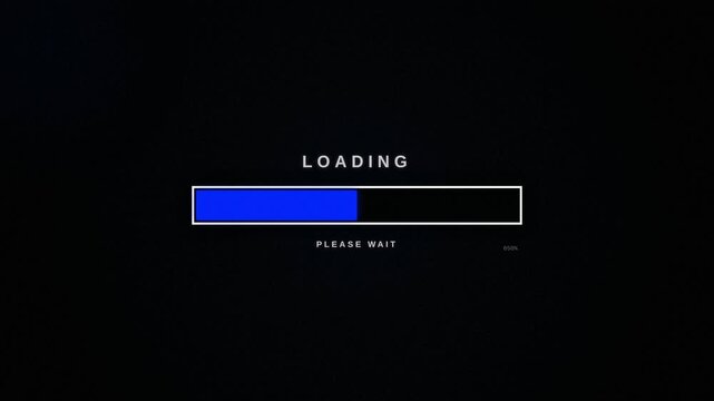 Minimalist progress bar with glowing blue loading indicator on a dark screen, concept for system update and digital buffering, ideal for software installation and website interface design.