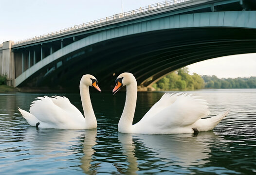 Love and romance concept, two white swans swimming together in a river under a bridge, peaceful nature and wildlife photography in a calm urban setting