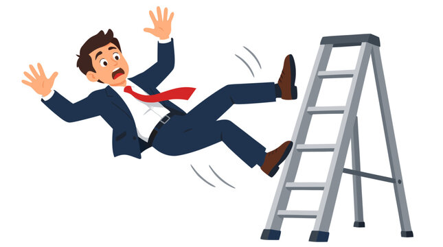 Cartoon businessman falling off ladder in suit, representing workplace accident risk, corporate liability, and professional failure concept flat vector illustration - detailed commercial stock