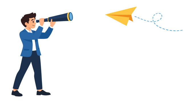 Businessman looking through telescope spotting yellow paper airplane flying toward him, opportunity vision foresight goal achievement concept flat vector illustration - detailed commercial stock