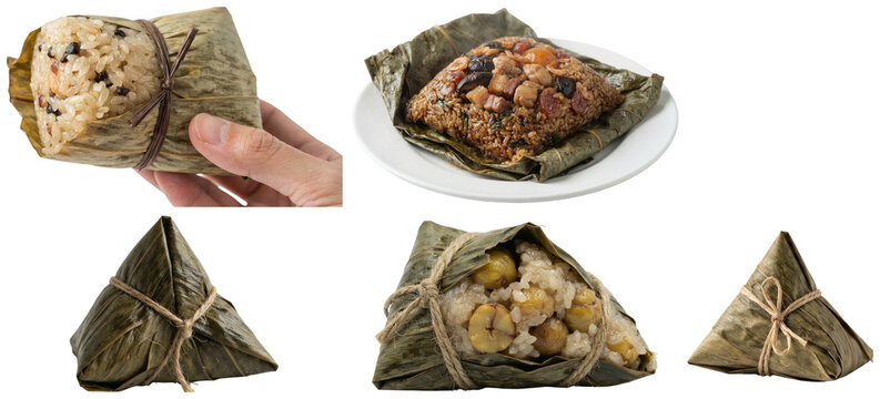 A collage of traditional zongzi sticky rice dumplings wrapped in bamboo and lotus leaves in various shapes and fillings.