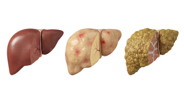 Three Stages of Fatty Liver Disease Progression Healthy Liver vs MASH Steatohepatitis vs Cirrhosis Realistic Anatomical Medical Illustration