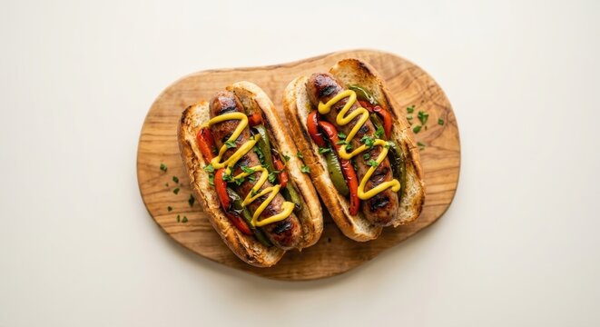 Delicious grilled bratwurst sausages served in toasted buns with saut&eacute;ed bell peppers and yellow mustard on a rustic wooden board, classic vintage-inspired American comfort food for summer cookouts.