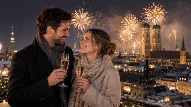 Gl&uuml;ckliches Paar st&ouml;&szlig;t an Silvester auf einer verschneiten Dachterrasse &uuml;ber M&uuml;nchen an. Feuerwerk erhellt die n&auml;chtliche Altstadt mit Frauenkirche und festlicher Stimmung.