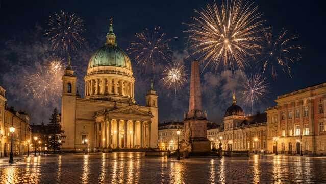 Silvesterfeuerwerk &uuml;ber Potsdam mit der festlich beleuchteten Nikolaikirche und dem Alten Markt. Goldene Lichter und historische Fassaden verleihen der Szene festliche Atmosph&auml;re.