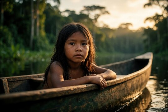 Young indigenous girl sits in wooden canoe on calm Amazon river. Native child looks at camera with serious expression. Tropical jungle forest background at sunset. South American ethnic kid travels