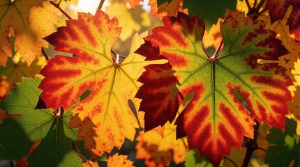 Obraz premium Close up of multicolored autumn grape leaves in vineyard. Red orange, yellow vine foliage changes color during fall season. Vibrant seasonal plant macro view shows detailed texture, veins of foliage