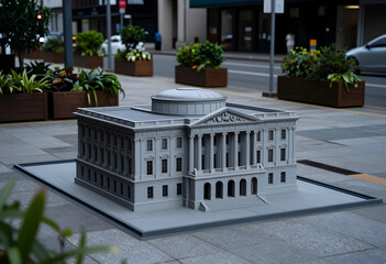 Obraz premium Urban planning and real estate development, architectural model of a neoclassical government building placed on a city sidewalk for public consultation