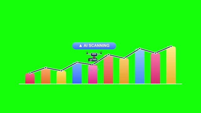 Digital Analytics Performance Graph with AI Scanning Drone Icon on Green Screen