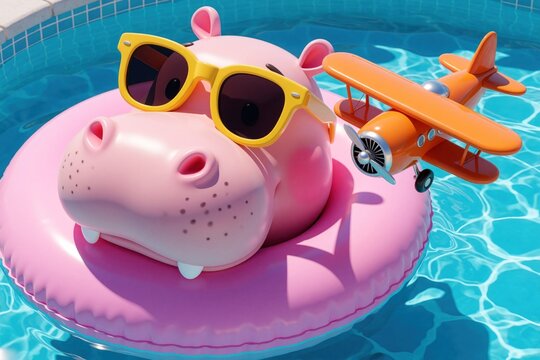 Pink hippo floats on pool toy wearing yellow shades. Small orange plane rests near cute animal in bright water. Fun summer day leisure scene.
