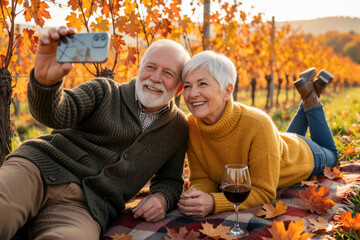 Obraz premium Happy elderly couple takes selfie with smartphone in autumn vineyard. Senior man, woman lie on picnic blanket with red wine glass. Smiling lovers enjoy fall foliage, golden sunlight, leisure time