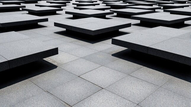 Modern urban plaza with grey concrete tiles. Geometric stone pavement features raised square slabs creating unique pattern. Minimalist city architecture design shows symmetry, flat surface texture in