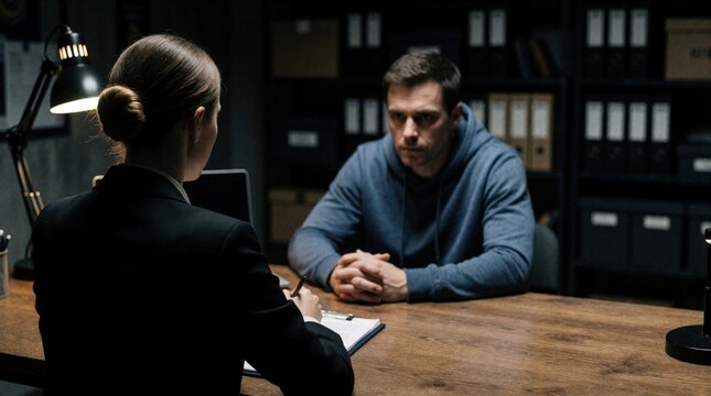 Female detective interrogates male suspect in dark police station. Serious woman officer questions man sitting at desk in interrogation room. Criminal investigation process involves questioning