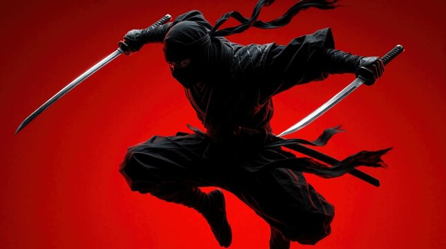 Dynamic ninja warrior jumps in mid air with two katanas against red background. Shadow fighter performs martial arts moves using swords. Skilled assassin in black costume shows speed, power during