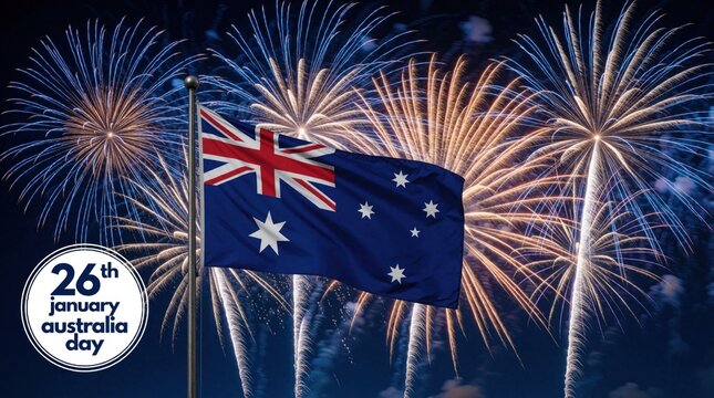 Australian flag waves on pole at night. Colorful fireworks explode in dark sky during Australia Day celebration. White sign says 26th January Australia Day. Patriotic holiday event with bright