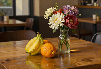 Obraz premium Hospitality and interior design, still life with fresh flowers and fruit on a wooden table in a cozy cafe setting for restaurant marketing concepts