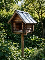Fototapeta premium Rustic wooden bird house feeder stands on tall pole in green garden. Small log cabin style birdhouse with metal roof sits among summer leaves. Natural backyard decoration for attracting wild birds to