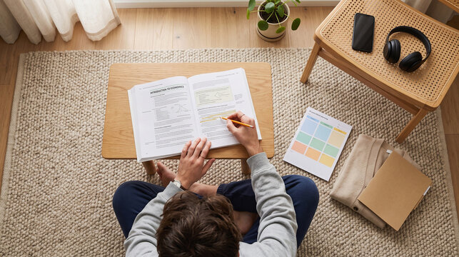 Floor study ritual guided by a paper checklist and a quiet phone