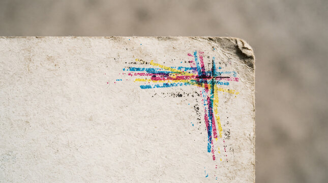 Old print registration imperfection with CMYK marks on corner of textured paper