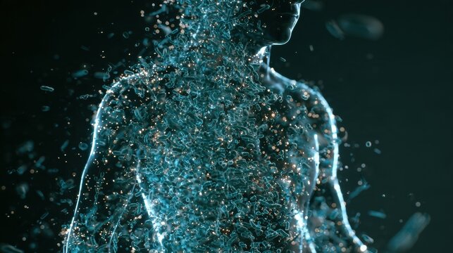 An abstract human form enveloped by glowing bacterial layers shows the vast number of microbes outnumbering human cells in dark space.