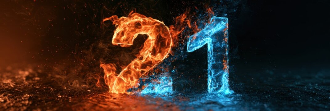 A wide panoramic 3D render shows the number 21 formed from fire and ice. The fire is on the left and ice is on the right, creating strong contrast.