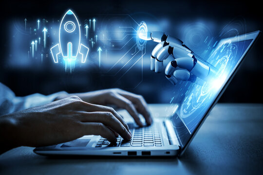 Futuristic Concept of Artificial Intelligence Assisting Human in Laptop Interaction with Rocket Launch Elements in Digital Environment Sigmoid