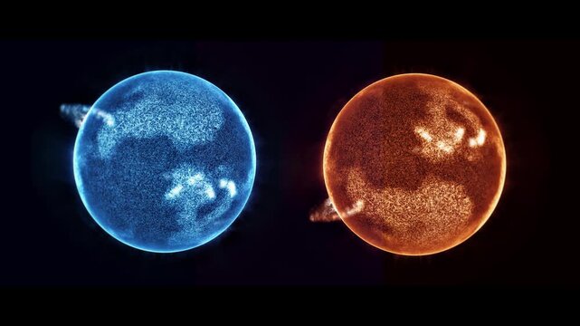 Blue star and orange sun side by side on black background