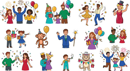 Fototapeta premium Festive Celebration Character Vector Set with Diverse People, Families, Children, Balloons, Gifts, Confetti, Party Hats, and Fireworks