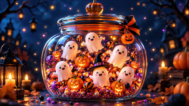 Cute Ghost Figurines and Small Pumpkins Inside a Glass Jar Filled with Halloween Candies and Sprinkles on a Dark Background
