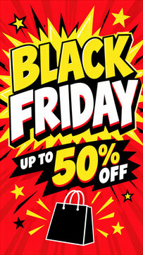 Black Friday sale up to 50% off poster in comic book pop art style with explosion effect and shopping bag on red background