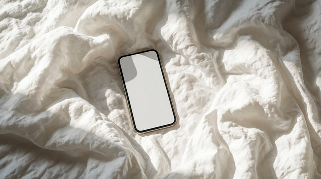 Top view of modern smartphone mockup on white crumpled bed sheets. Blank mobile screen lies on messy linen fabric in morning sunlight. Minimalist tech device rests on soft textured bedding for cozy