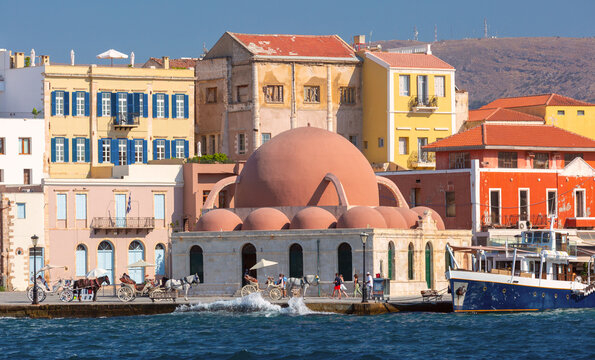 Kucuk Hasan Pasha Mosque at the Venetian Harbor in Chania, Crete, Greece.