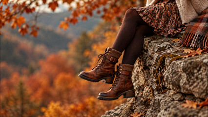 Obraz premium Close-up of woman's legs in brown leather lace-up boots and tights sitting on a stone ledge surrounded by vibrant autumn foliage and fall colors in a mountain landscape.