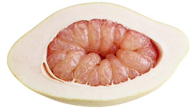 Isolated half-cut pomelo fruit with juicy pink flesh, fresh and healthy sweet and sour citrus