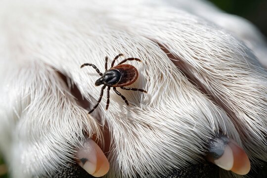 Macro closeup of dangerous tick parasite on white dog fur. Small insect attaches to pet paw skin. Ectoparasite sucks blood from animal host. Lyme disease threat in nature. Veterinary health warning