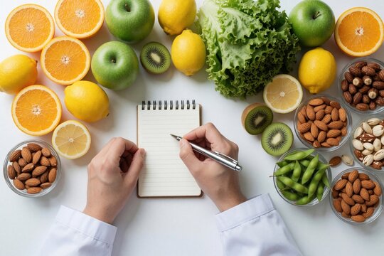 Doctor hands write meal plan in notebook surrounded by healthy food. Flat lay view shows fresh fruits, vegetables, nuts, eggs on white table. Nutritionist creates balanced diet menu with green