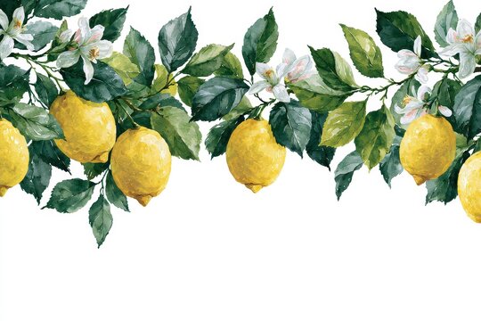 Watercolor lemon branch border with yellow lemons and white blossoms isolated on white background
