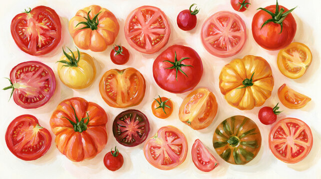 colorful heirloom tomatoes in a playful folk art flat lay