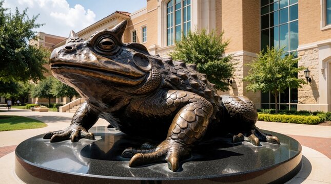 Large bronze toad sculpture sits on dark stone pedestal at Texas Christian University campus. Detailed metal frog statue outdoor decoration near brick building, green trees. TCU landmark art piece in