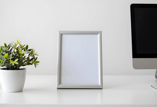 Minimalist workspace mockup, empty silver picture frame on white desk with computer and plant for branding design and corporate office interior display